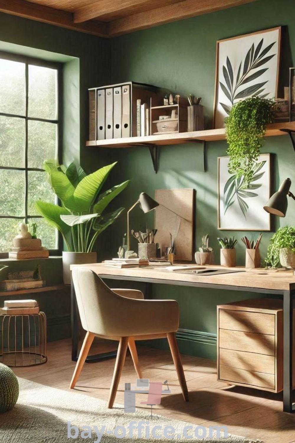Home office with green walls, potted plants, and modern shelves, showcasing peaceful and energizing decor ideas that inspire productivity. Discover more innovative design trends and cozy aesthetics at bay-office.com.