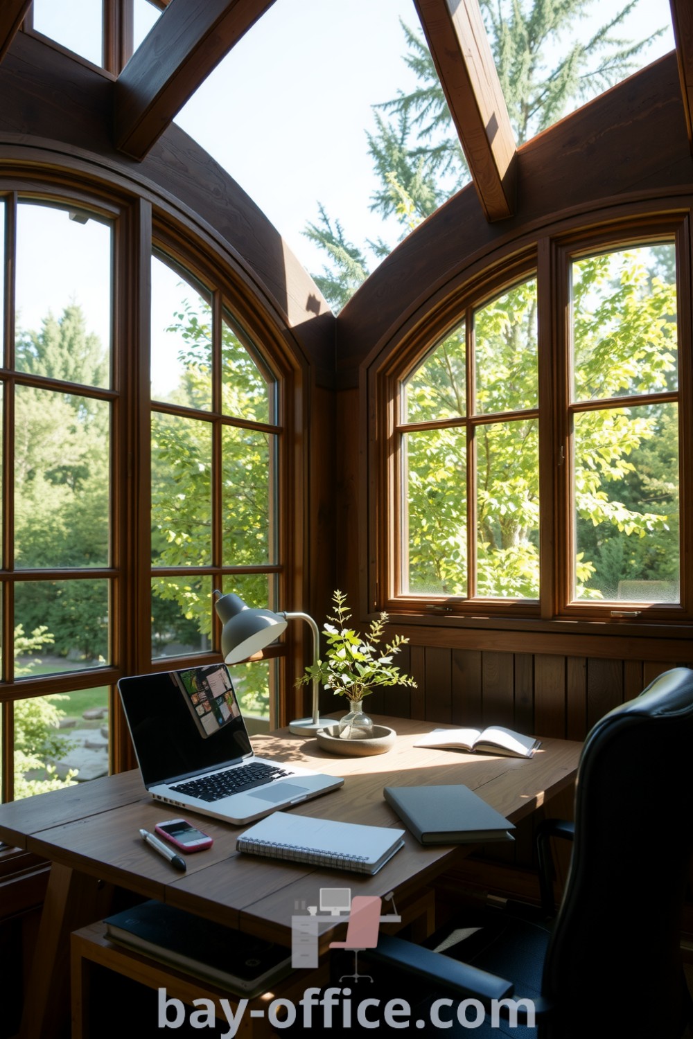 Nature-inspired home office with wooden beams, large arched windows, and a reclaimed wood desk surrounded by greenery. A warm and inviting workspace designed for productivity and tranquility. Discover more ideas at bay-office.com.