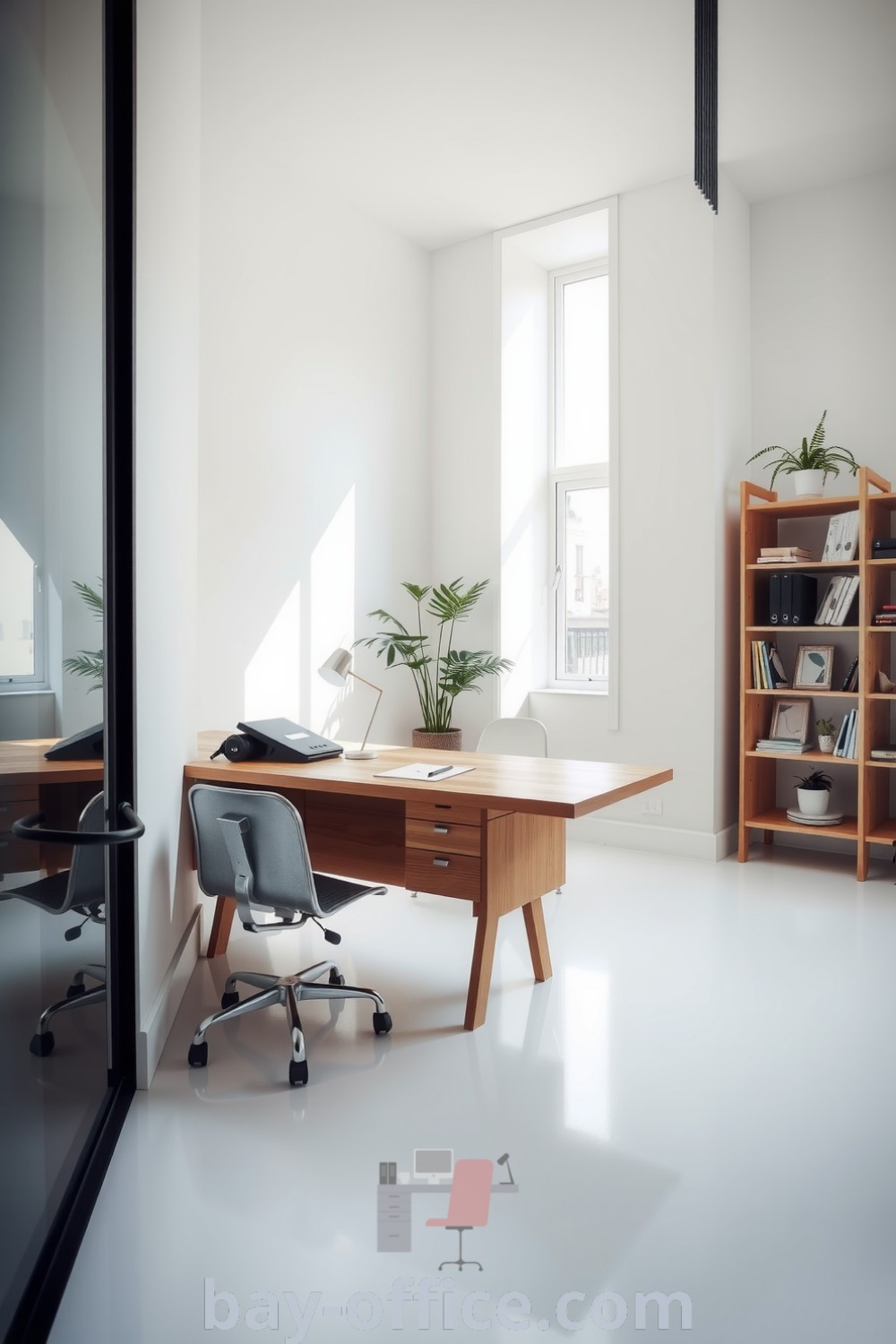Minimalist corporate office with white walls, wooden desk, metallic chair, and potted plants, designed to inspire productivity and collaboration. Perfect for creating a calm and professional workspace that enhances focus. Discover more ideas at bay-office.com.