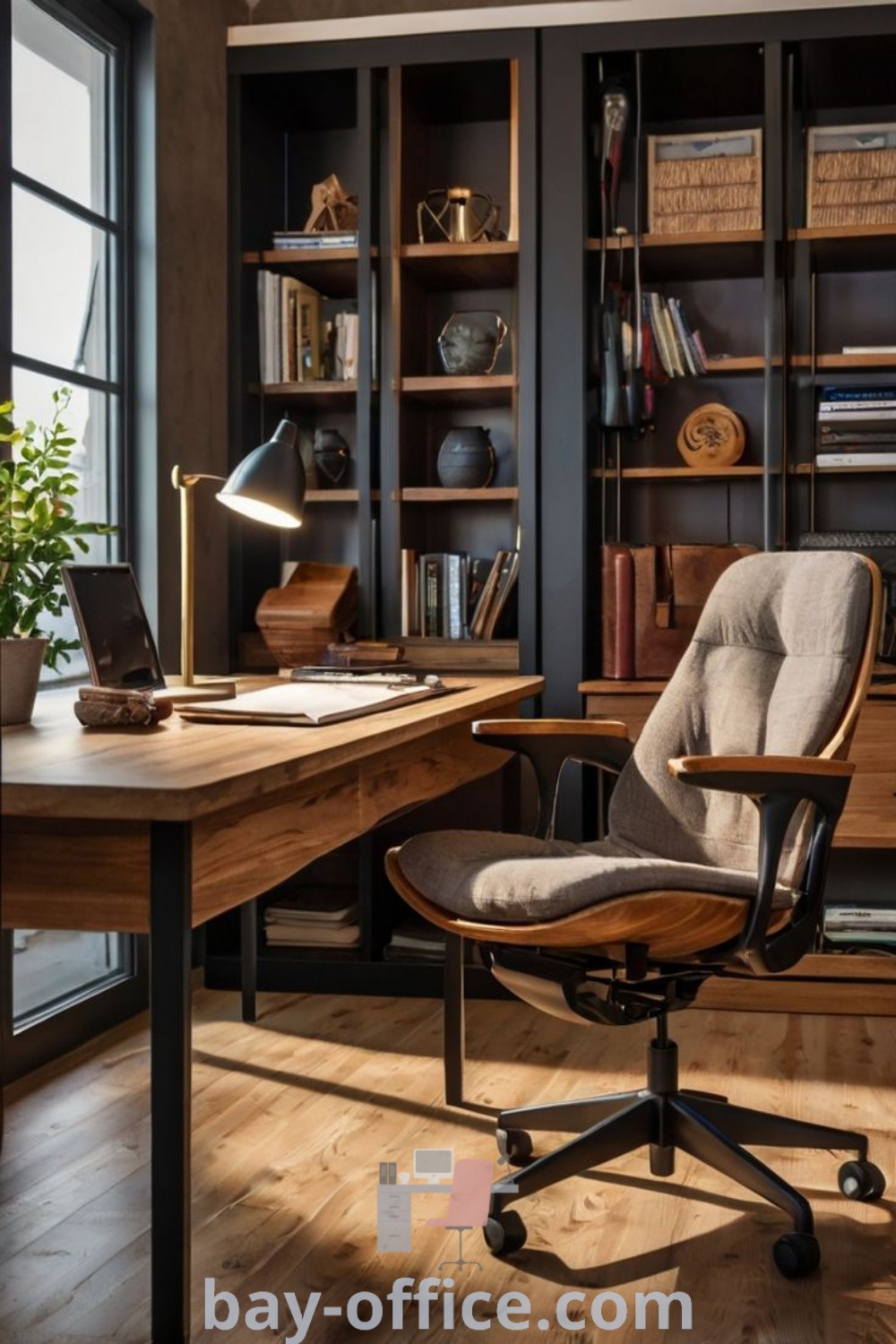 Modern industrial home office featuring a desk, bookshelf, and chair, designed for productivity and style. Perfect for creating a cozy aesthetic with black shelving and decorative ladders. Explore these inspiring decor ideas for small spaces at bay-office.com.