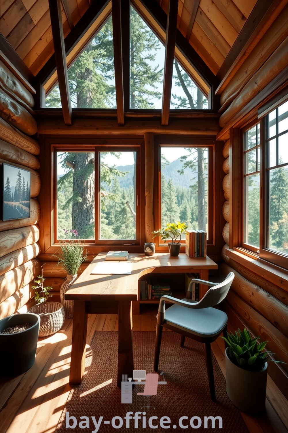 Cozy cabin home office with rustic timber walls, reclaimed wood desk, large windows offering forest views, and potted plants, showcasing design trends and decor ideas for inspiring productivity at home. Explore more at bay-office.com.