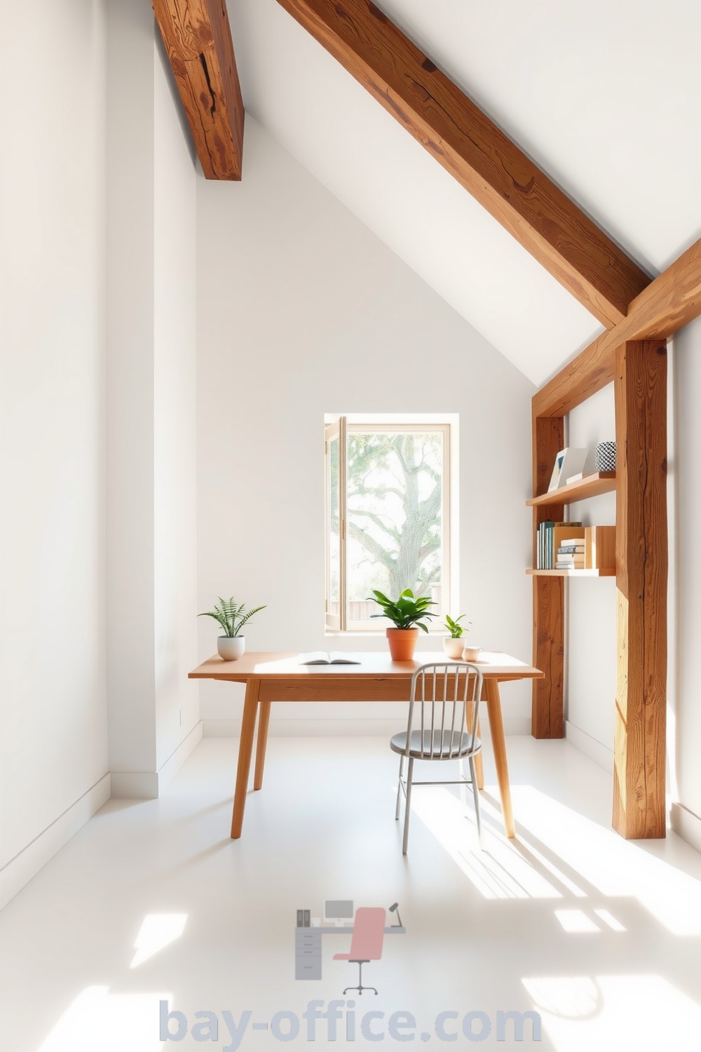 Minimalist home office featuring soft white walls, a warm wooden desk, and simple metal chair, enhanced by natural light, plants, and rustic wooden beams, designed to inspire productivity and creativity. Explore more inspiring ideas at bay-office.com.