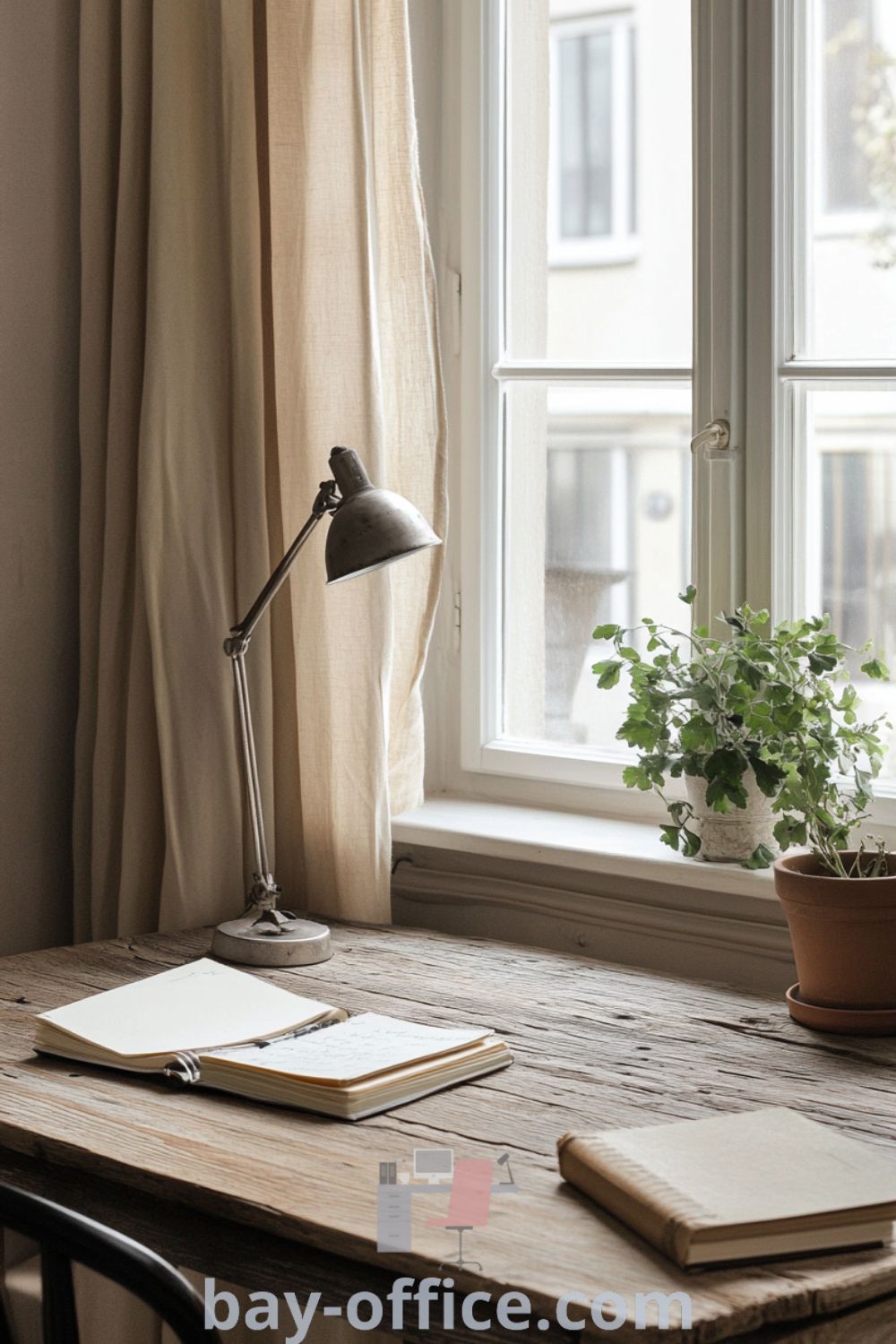 Scandinavian home office featuring soft beige walls, rustic wooden desk, and warm lighting, designed for productivity and a cozy aesthetic. Includes a large window and potted plant for an inviting atmosphere. Explore more ideas at bay-office.com.