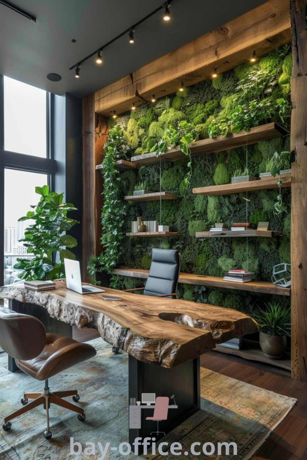 An office with a moss wall, leather chairs, and abundant greenery exemplifying biophilic coworking space design trends that inspire productivity and eco-friendly office design. Explore more decor ideas at bay-office.com.