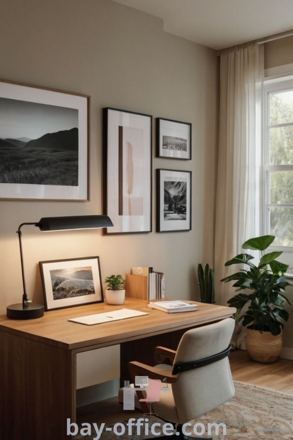 Minimal home office featuring a study feature wall with beige decor, desk by the window, and wall pictures. Ideal for inspiring productivity and cozy workspace ideas. Explore the best home study rooms at bay-office.com.