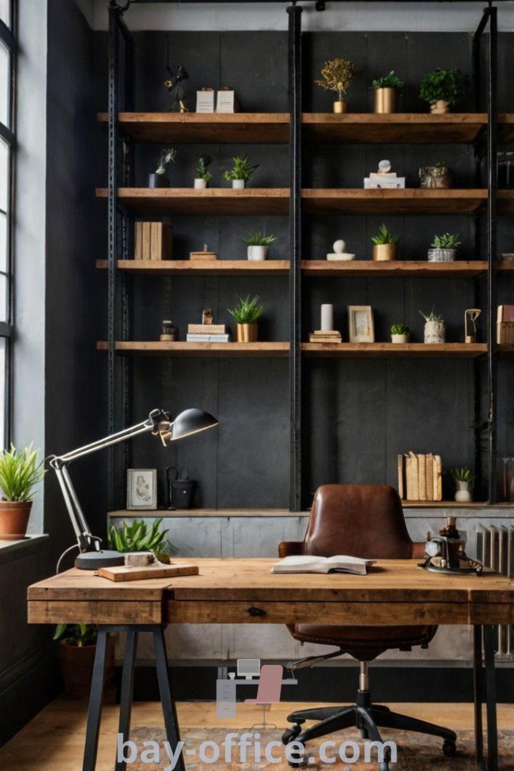 Industrial minimalist office space featuring black walls, wooden shelves filled with plants and books, and a leather chair. Perfect for inspiring productivity and cozy aesthetic at home. Explore more design tips and ideas you
