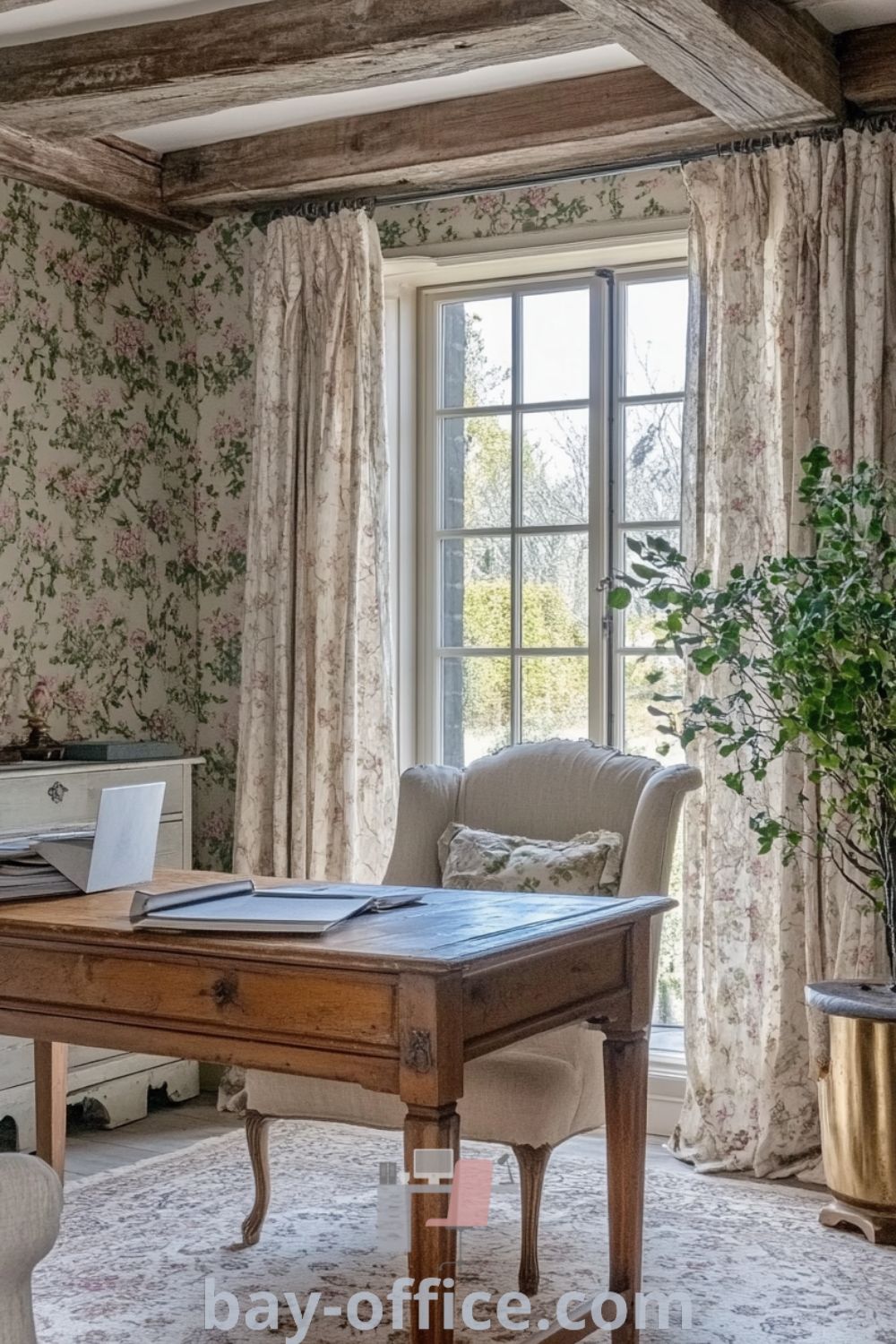 Elegant French country home office featuring a sturdy oak desk, vintage brass accents, and a cozy armchair, creating a serene workspace that inspires productivity. Perfect for design ideas that make working from home enjoyable. Discover more at bay-office.com.