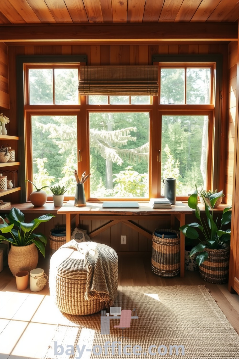 Cozy nature-inspired home office featuring earthy tones, wooden furniture, large windows with greenery, woven baskets, and potted plants, creating an inviting and productive workspace. Discover design tips and decor ideas at bay-office.com.