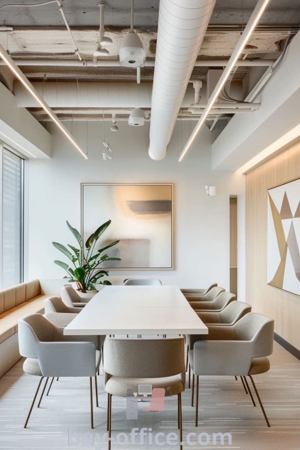 Empty conference room featuring a bright Scandinavian office design with white walls, minimalist furniture, and calm workspace elements. Ideal for design trends and inspiring ideas that enhance productivity. Find more decor ideas at bay-office.com.