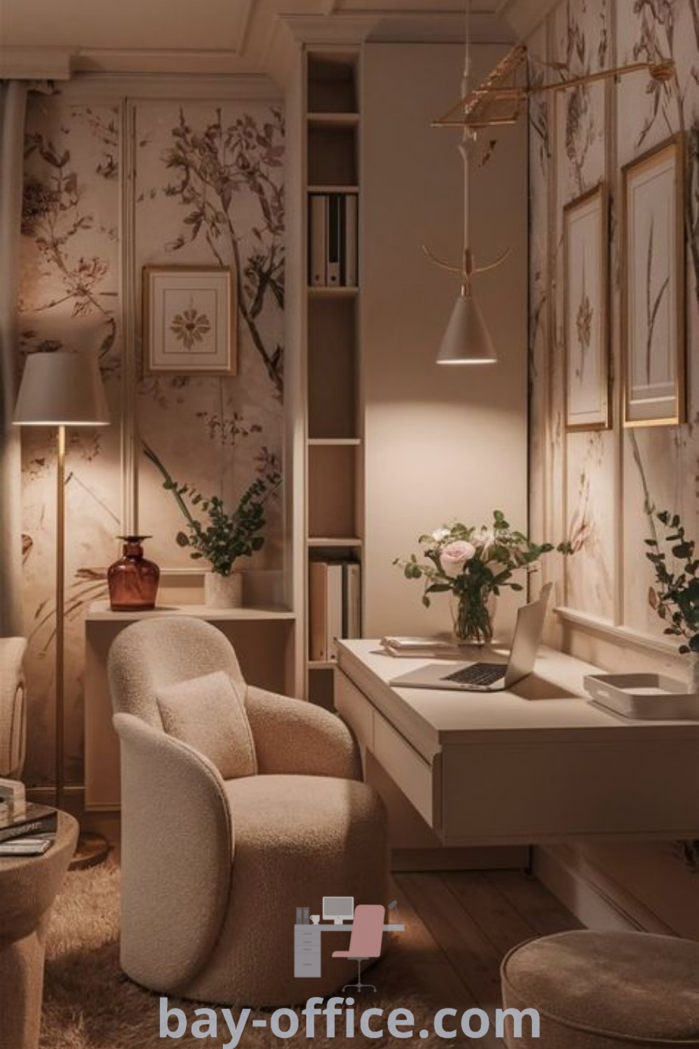 Living room adorned with vibrant furniture, flowers, and plants, showcasing cozy feminine aesthetic and inspiring decor ideas for small spaces. Explore more design tips and ideas that will make you love working from home at bay-office.com.