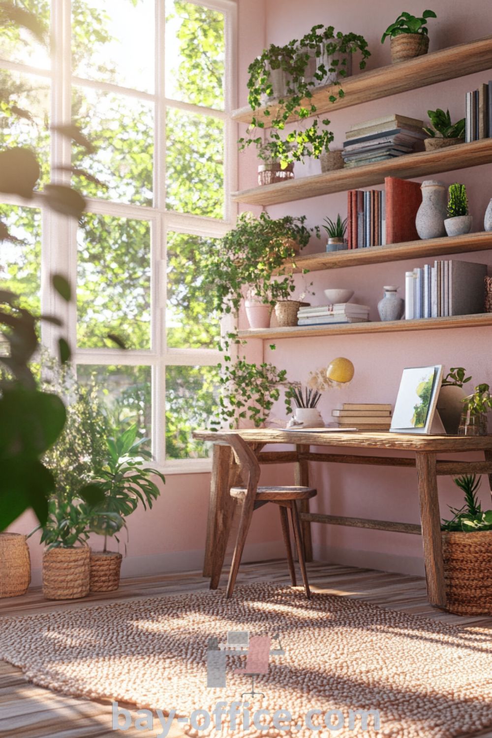 Nature-themed home office featuring soft pink hues, reclaimed wooden shelves with potted plants, and a rustic desk, designed to inspire productivity and calm. Perfect for creating an inviting work environment. Find more ideas at bay-office.com.