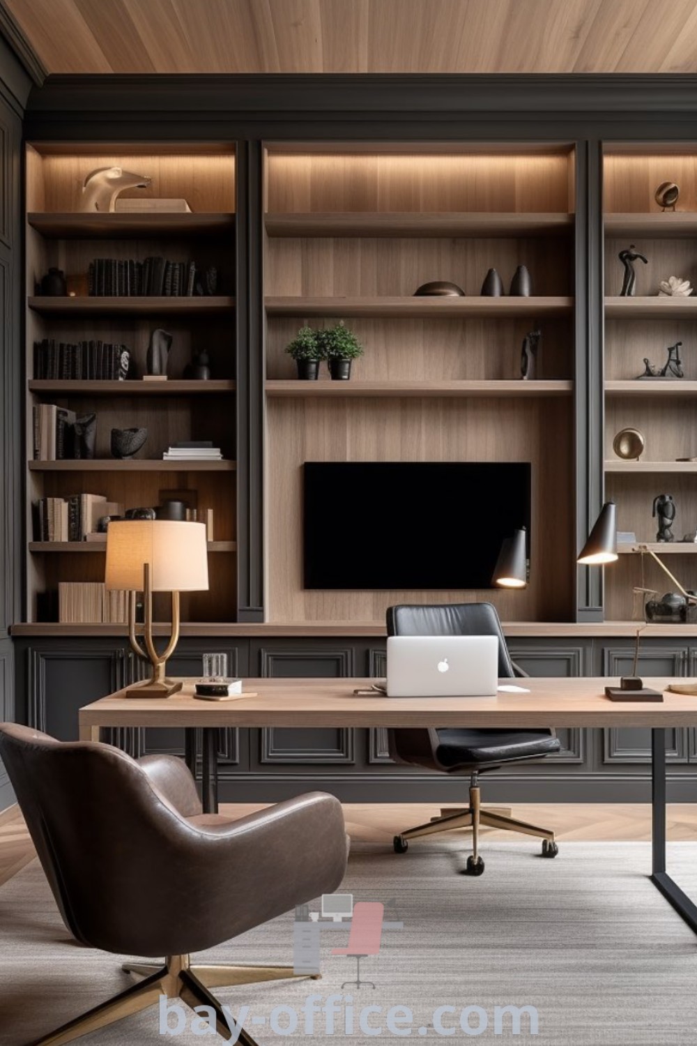 A cozy home office featuring built-in bookcases and a large screen TV, showcasing simple home office ideas and decor for productivity, comfort, and aesthetics. Explore design trends and decorating ideas at bay-office.com.