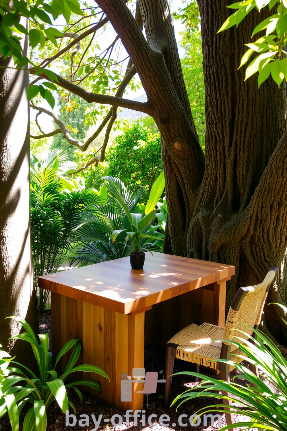 Nature home office surrounded by trees, featuring a reclaimed timber desk and woven chair, illuminated by sunlight filtering through leaves, perfect for inspiration and productivity. Discover cozy decor ideas at bay-office.com.
