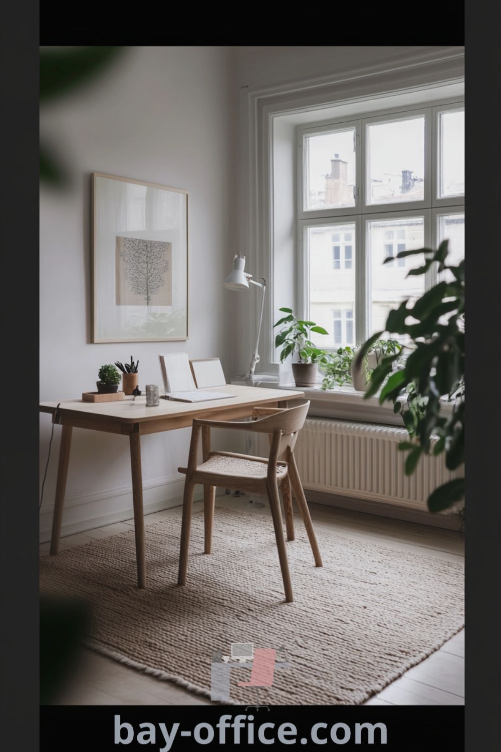Scandinavian home office featuring soft white walls, light wooden furniture, and abundant natural light, designed for productivity and comfort. Decor elements include potted plants and simple art pieces, creating a cozy aesthetic perfect for inspiring focus. Discover more decor ideas at bay-office.com.