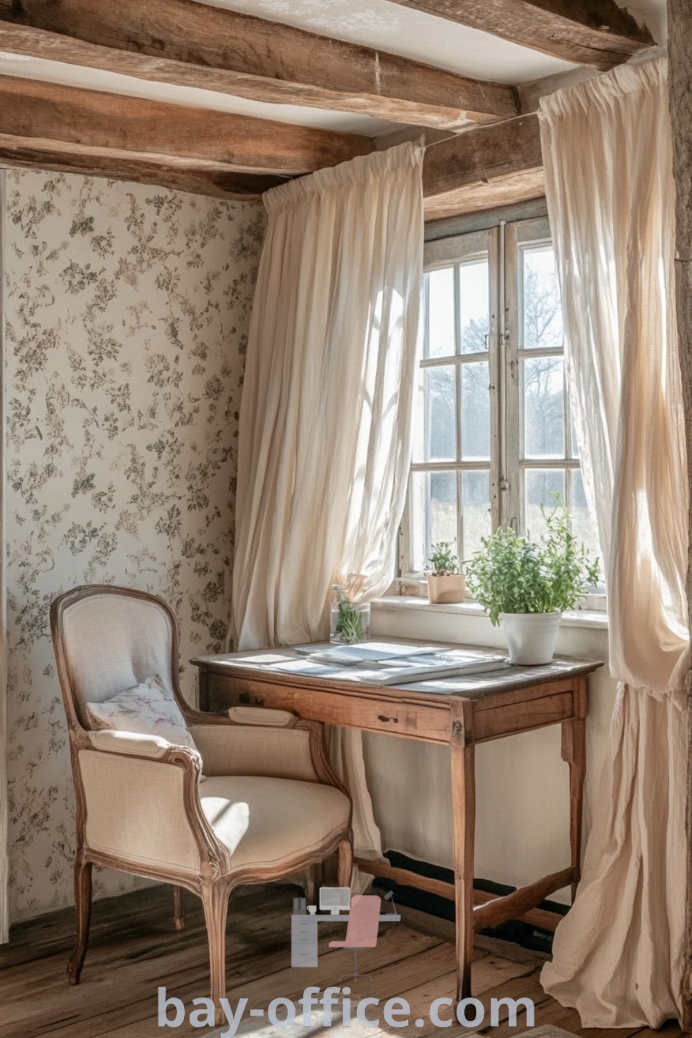 Elegant French country home office with weathered oak desk, faded floral wallpaper, and cozy armchair, creating a warm and inviting atmosphere ideal for inspiring productivity. Discover more design ideas at bay-office.com.