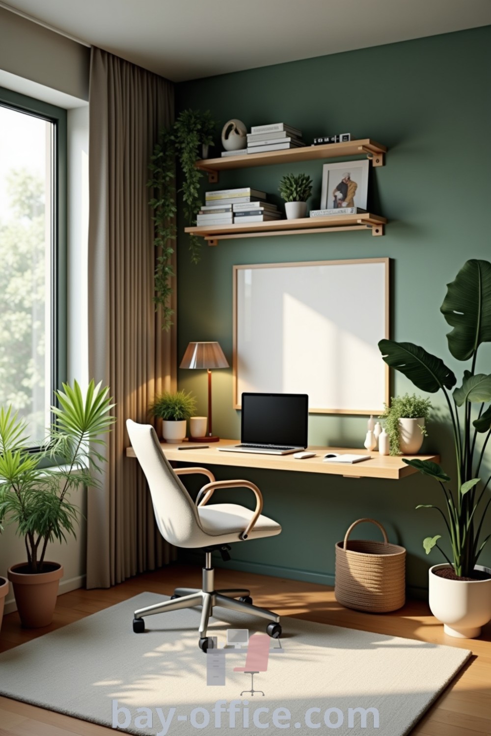 Serene home decor featuring a calming color palette of greens and neutrals, cozy textiles, and warm lighting, ideal for creating a creative retreat that inspires productivity. Learn more about decor ideas for small spaces at bay-office.com.
