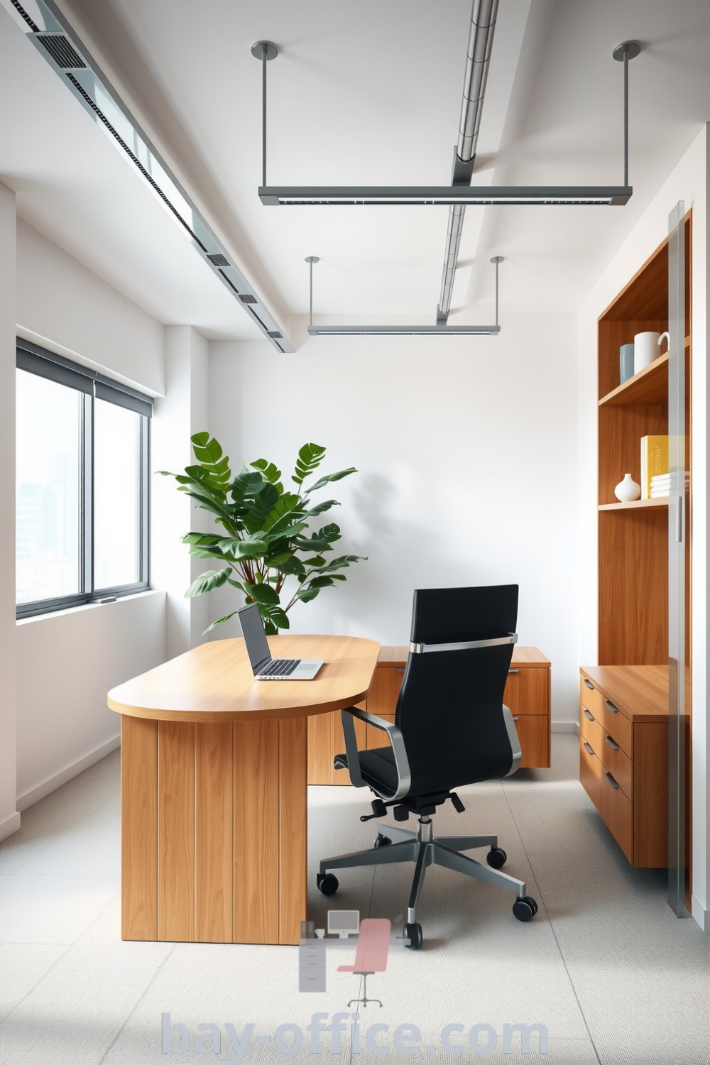 Minimalist corporate office featuring white walls, natural wood accents, large windows, and a potted plant, promoting a serene and productive environment. Explore inspiring decor ideas for small spaces at bay-office.com.