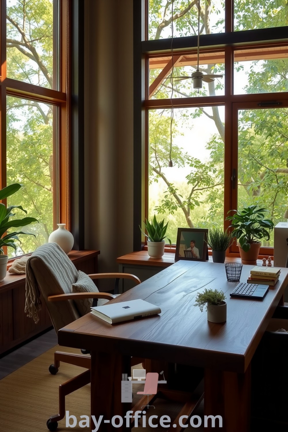 Nature home office featuring reclaimed wood furniture, large windows, lush greenery, and soft textile accents, designed to inspire productivity and creativity. Perfect decor ideas for small spaces that double as cozy guest bedrooms. Explore more at bay-office.com.