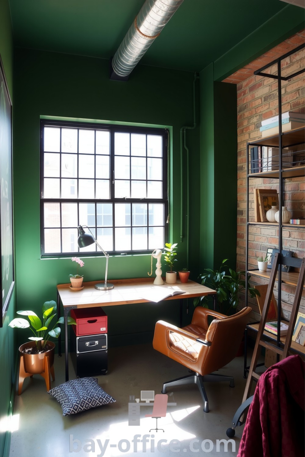 Loft home office with soothing green hues, exposed brick walls, a reclaimed wood desk, and natural light, designed to inspire productivity and comfort. Ideal for creating an inviting workspace that enhances creativity and relaxation. Explore more at bay-office.com.
