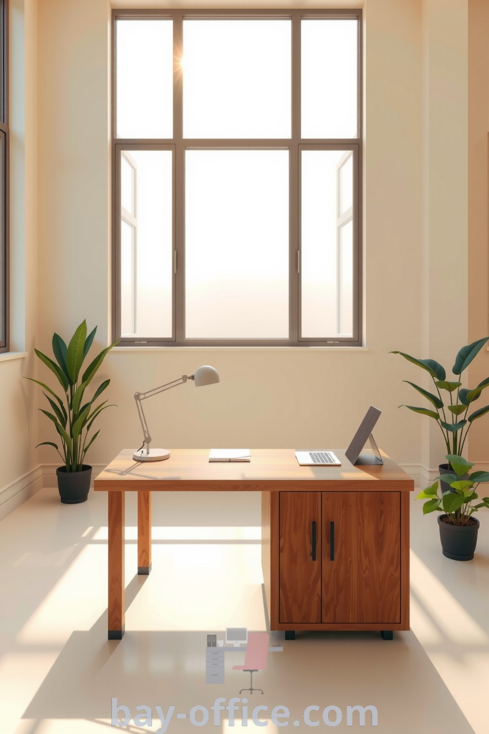 Minimalist corporate office featuring soft beige walls, a wooden desk, and potted plants, designed to create a calm and inspiring workspace that enhances productivity. Explore more design trends and cozy decor ideas at bay-office.com.