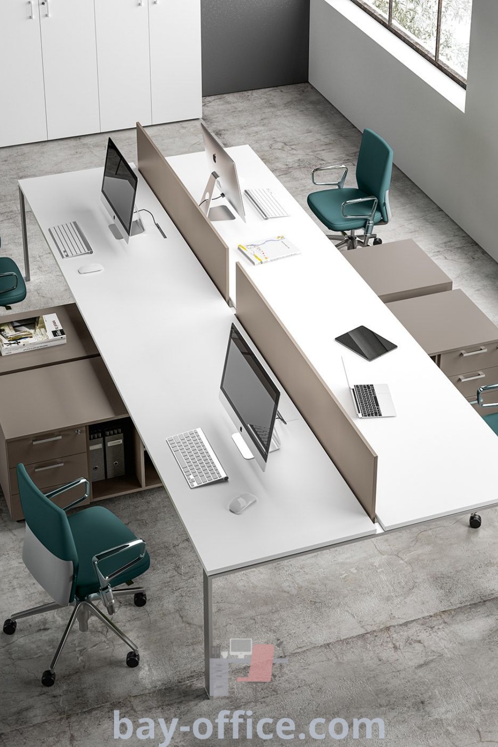 Modern office with luxury furniture, featuring a desk with laptops and chairs, designed for productivity and comfort. Discover stylish office design inspiration and cozy decor ideas for small spaces at bay-office.com.