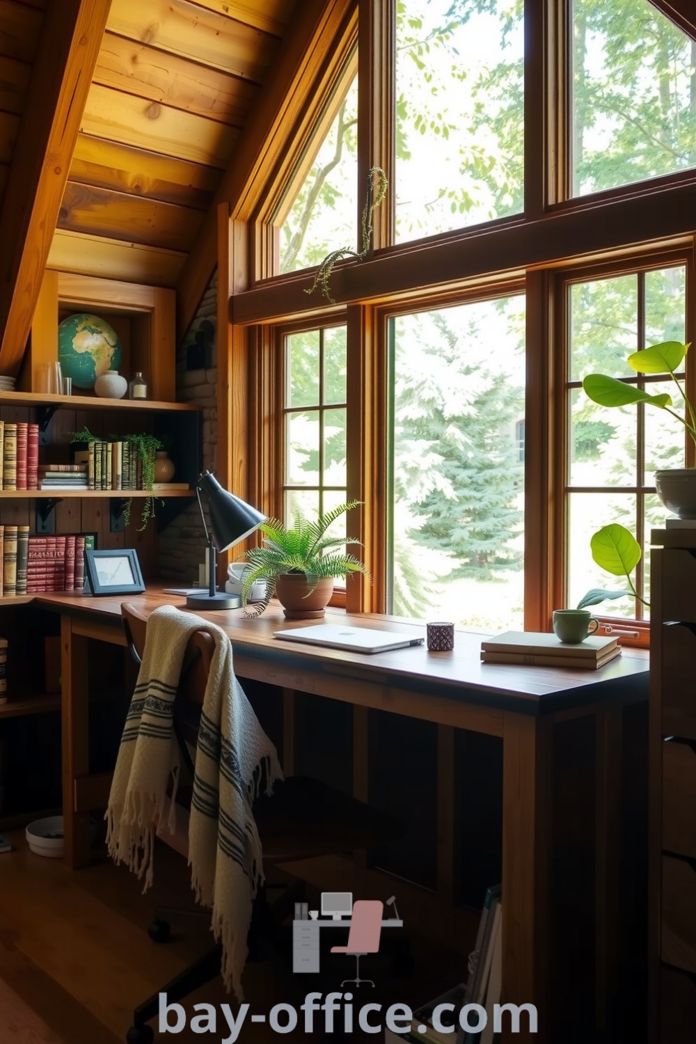 Cozy nature-inspired home office featuring reclaimed wood desk, lush greenery, and rustic decor. The sunlit space is designed to enhance productivity and creativity, making it an ideal retreat for working from home. Explore more design trends and tips at bay-office.com.