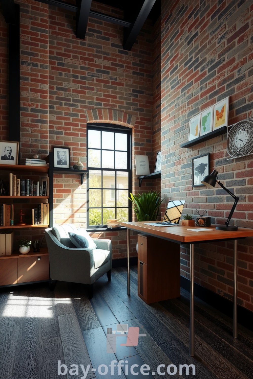 Cozy loft office featuring exposed brick walls, a wooden desk, and metal accents, filled with natural light and inviting decor. Perfect for productivity and inspiration, with elements that blend rustic charm and modern design. Discover more ideas at bay-office.com.