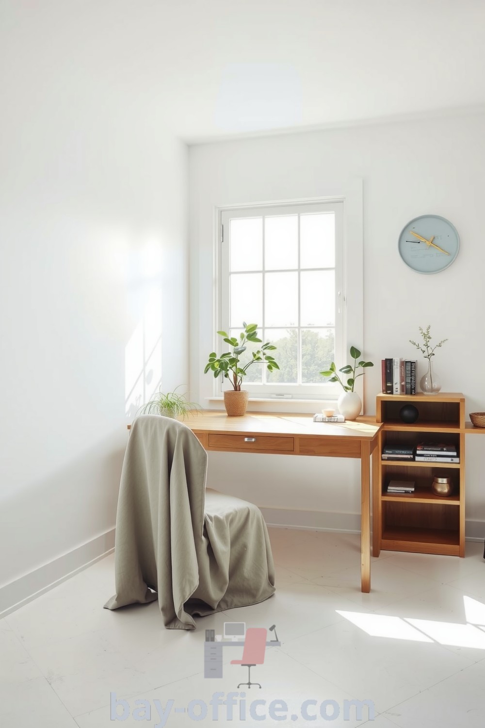 Minimalist home office featuring natural light, a wooden desk, an inviting chair, and plants, creating a serene and inspiring workspace ideal for productivity. Explore design trends and decor ideas at bay-office.com.