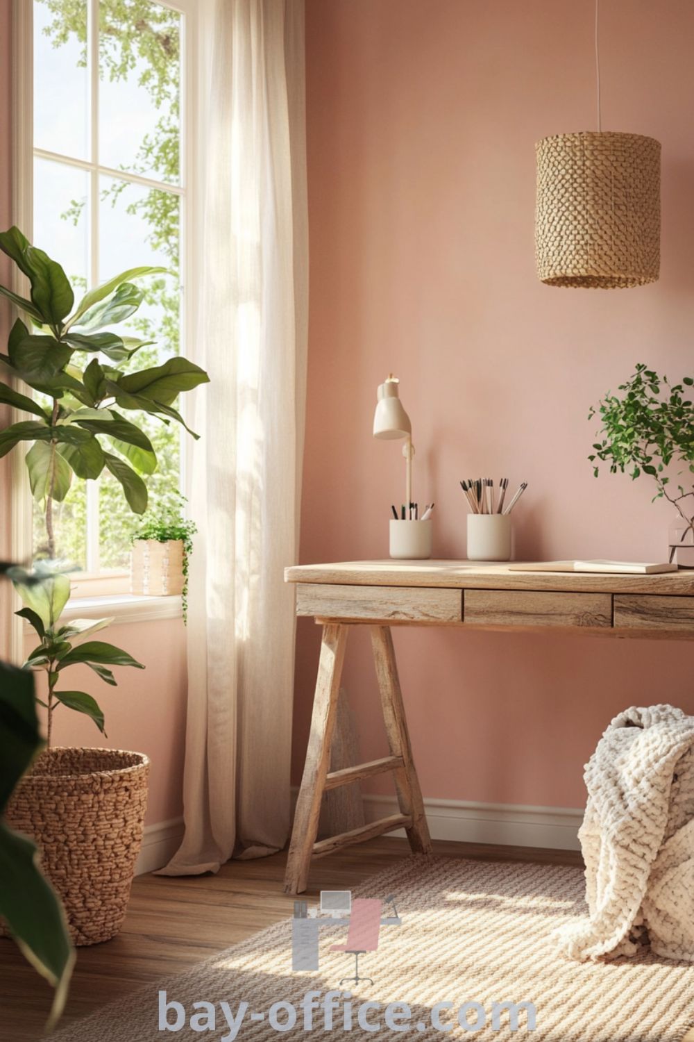 Cozy nature home office with soft pink walls, rustic wooden desk, scattered plants, and warm textures, designed to inspire creativity and productivity. Ideal for decorating small spaces or creating a serene work environment. Discover more ideas at bay-office.com.