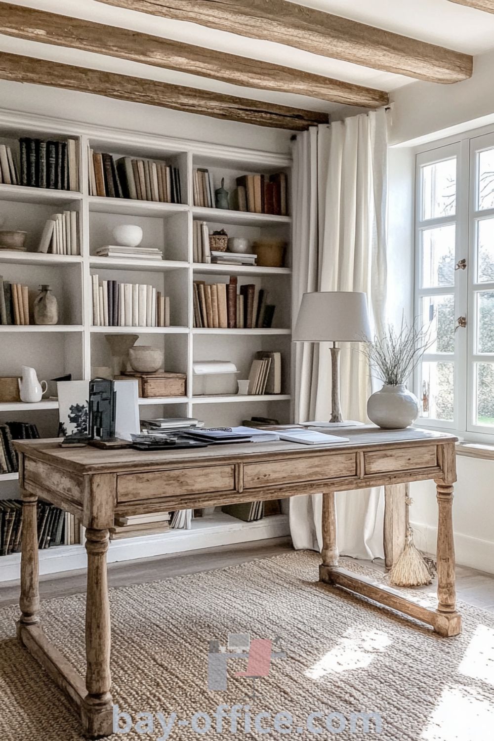 Cozy French country home office with aged wooden beams, an oak desk, and whitewashed bookshelves displaying antique volumes, creating an inviting atmosphere for creativity and productivity. Find inspiring decor ideas at bay-office.com.