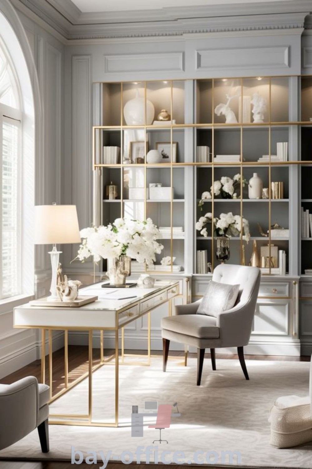 Elegant home office filled with furniture and a bookshelf next to a large open window, showcasing design trends and decorating ideas for a cozy workspace. Discover the best feminine home office inspirations at bay-office.com.