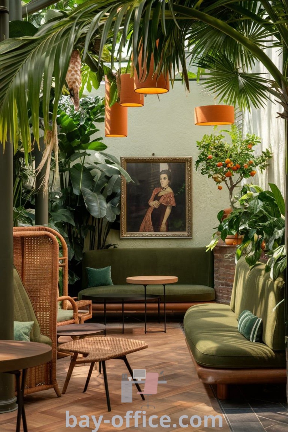 Living room filled with various plants and furniture showcasing jungle chic decor, verdant interior aesthetic, and modern atrium design ideas. Discover the best decor ideas for small spaces at bay-office.com.