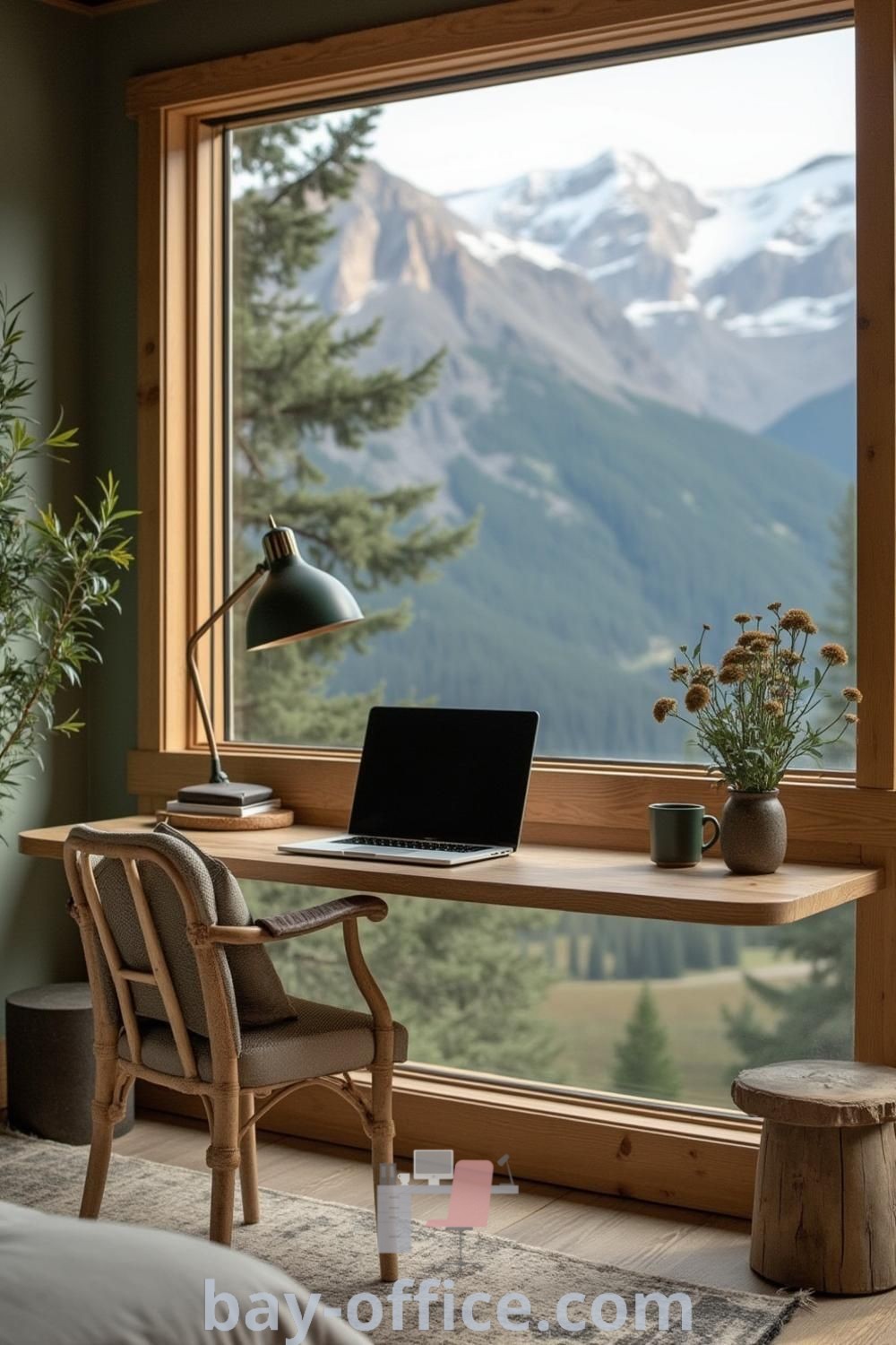 A laptop computer on a wooden desk in front of a large window, showcasing a stylish home office design. Features elements of a writer aesthetic with minimalist decor and creative storage solutions. Discover inspiring home office design ideas at bay-office.com.