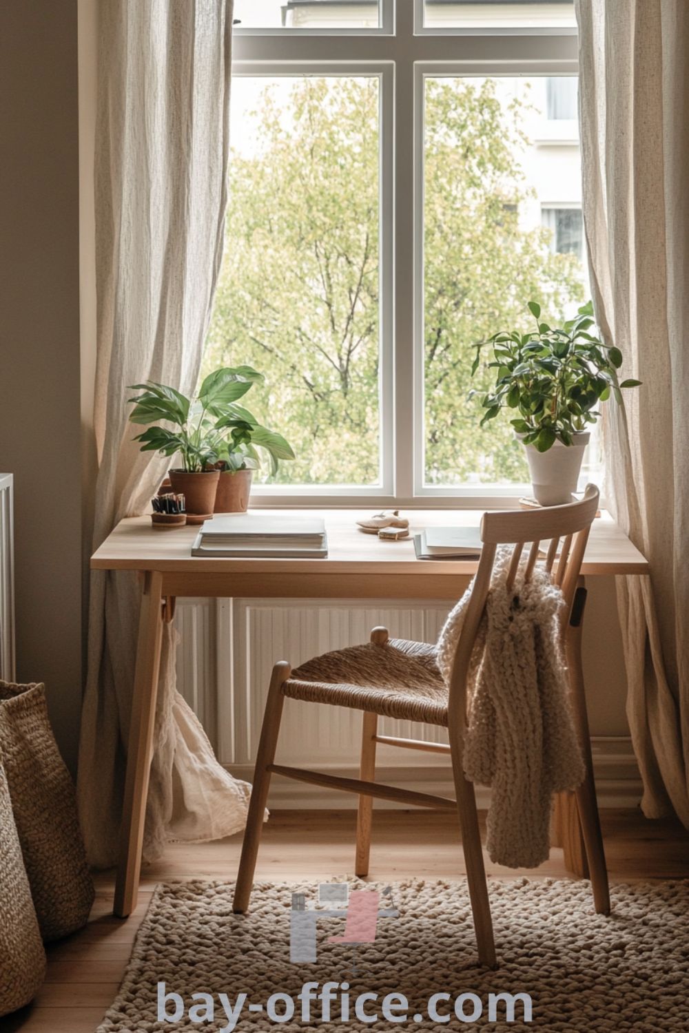 Scandinavian home office with warm beige walls, light wood furniture, and natural light, featuring potted plants and cozy textiles. Ideal for inspiration and productivity, showcasing design tips for small spaces. Explore more ideas at bay-office.com.