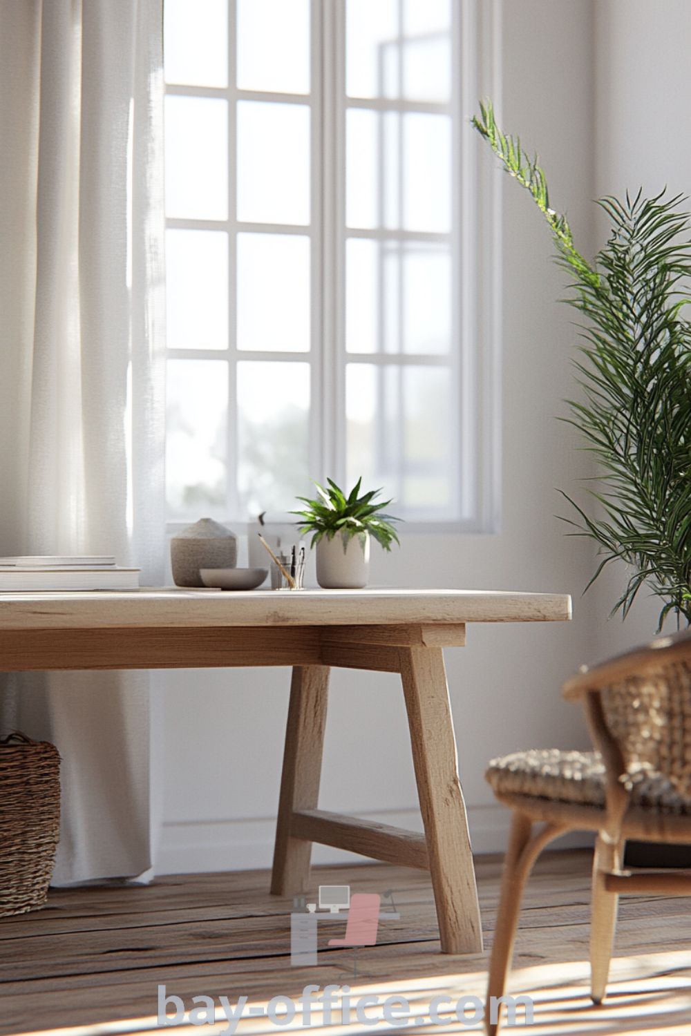 Cozy Scandinavian home office featuring white walls, a warm wooden desk, large windows with natural light, and inviting decor elements like textured textiles and potted plants. Perfect for inspiring productivity and calm. Find more ideas at bay-office.com.