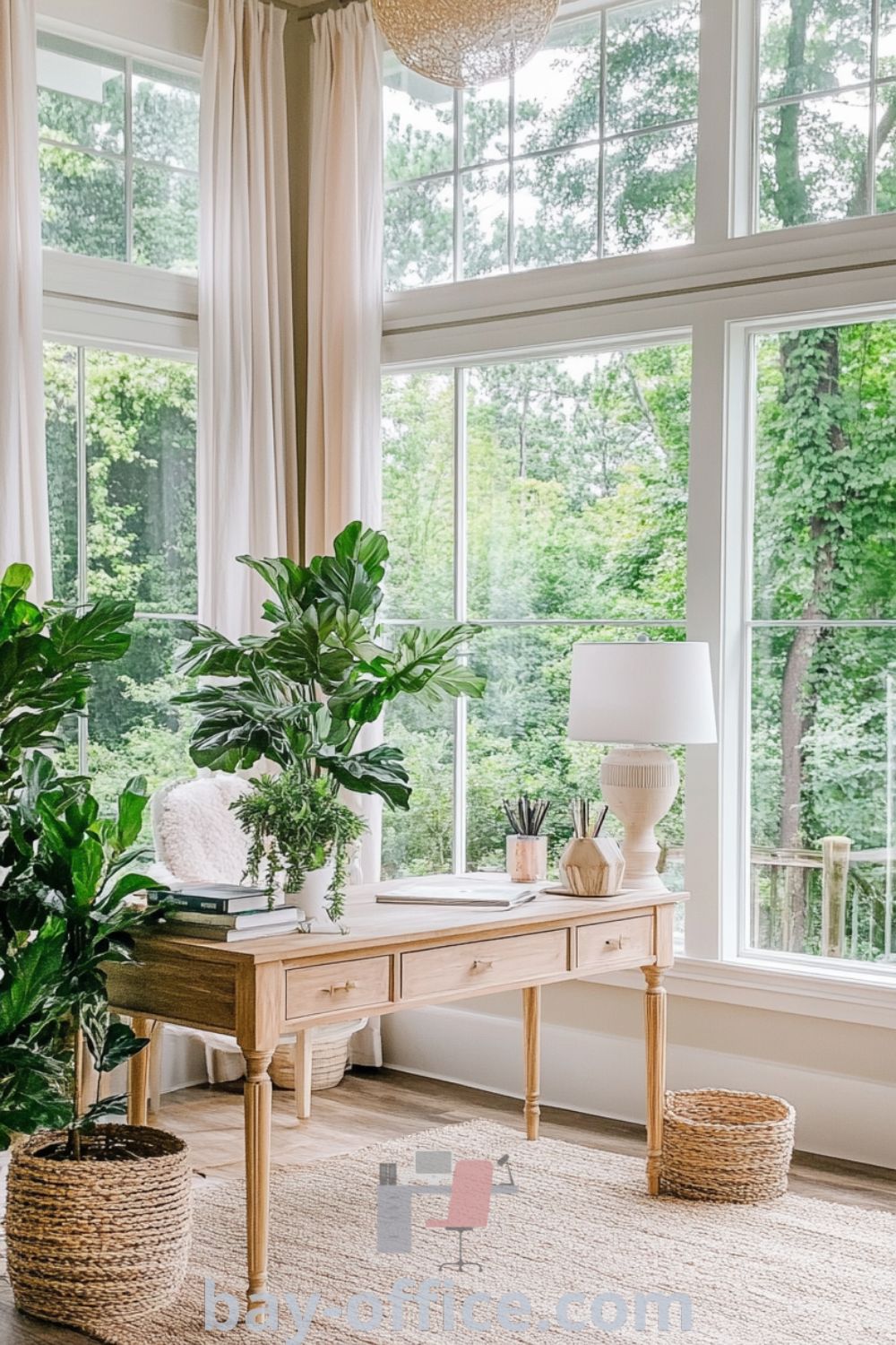 Nature-inspired home office featuring large windows with views of greenery, a warm wood desk, woven jute rug, and vibrant potted plants, designed to inspire productivity and creativity. Discover design trends and decorating ideas at bay-office.com.