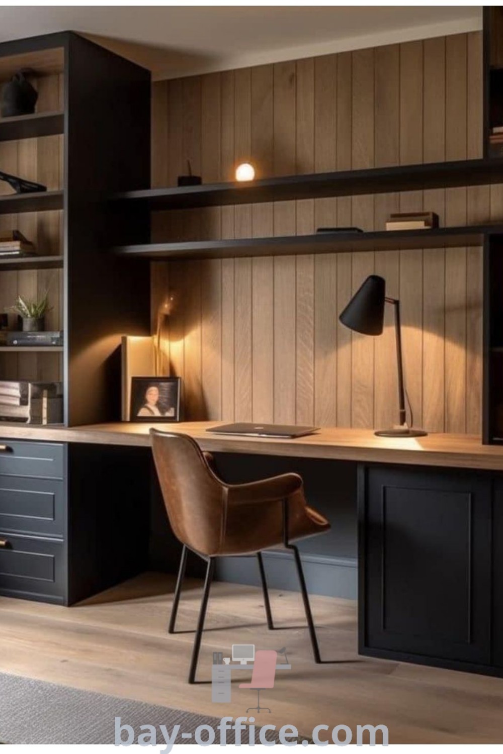 Dark wood home office with paneling and built-in shelving, showcasing modern design ideas and practical storage solutions for productivity. Discover inspiring decor ideas for small spaces and create your ideal workspace at bay-office.com.