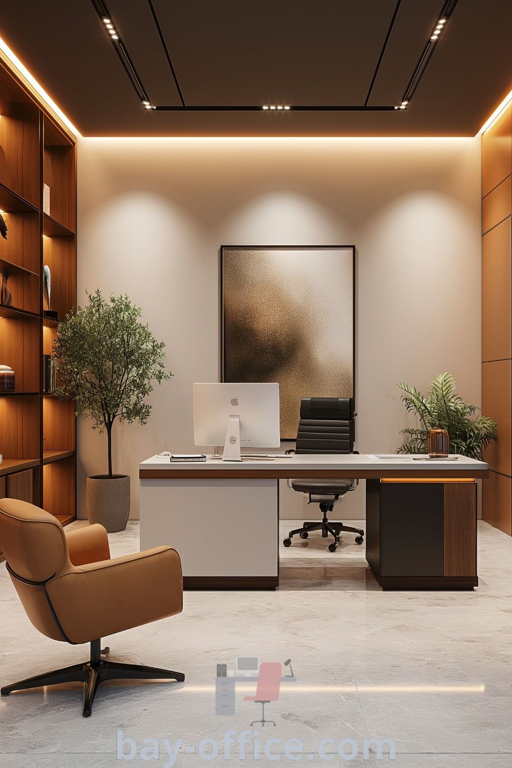 Elegant office cabin featuring a chair, desk, and bookcases elegantly lit by recessed lighting, perfect for modern executive office design ideas. Discover inspiring decor ideas for small spaces and enhancing productivity at bay-office.com.