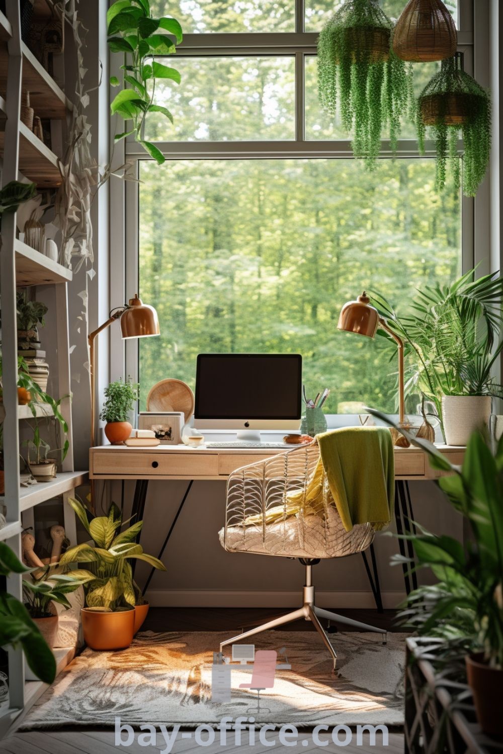 Cozy desk setup in a small home office featuring decor ideas for productivity, including a desk by the window and wall lights. Discover inspiring design tips and cozy aesthetic ideas that make working from home enjoyable at bay-office.com.