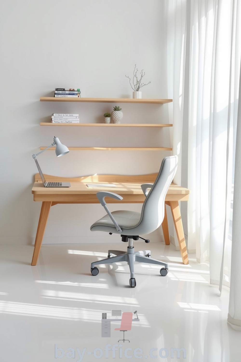 Stylish minimalist home office featuring a wooden desk, ergonomic chair, and natural sunlight, designed to inspire productivity and comfort. A cozy aesthetic with curated books and succulents enhances the inviting atmosphere. Discover design tips for small spaces at bay-office.com.