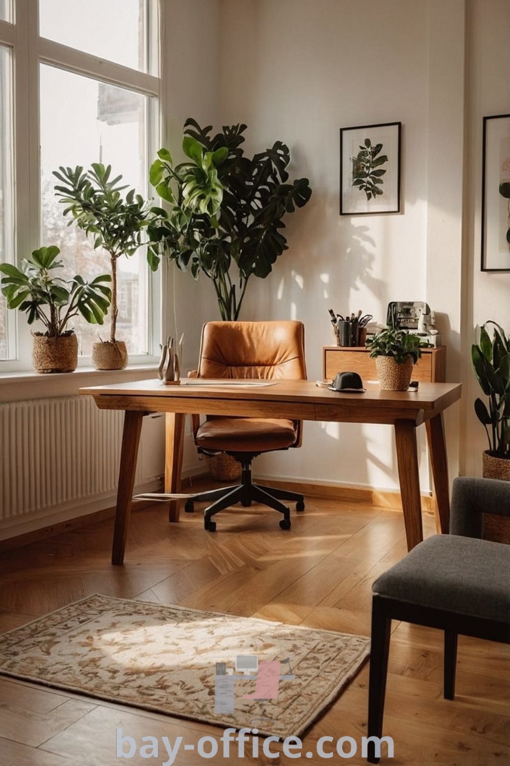 Cozy office decor featuring a living room with plants, table, and chairs, showcasing earth-toned designs and natural office decor ideas at bay-office.com.