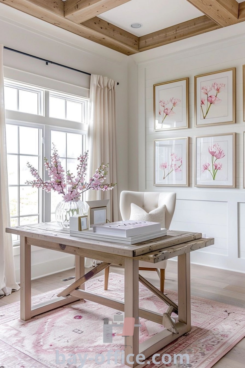 Feminine home office filled with stylish furniture, inspiring decor, and successful organization ideas. This cozy setup showcases decor ideas for small spaces, integrating femininity and functionality for the ultimate work-from-home experience. Explore more at bay-office.com.