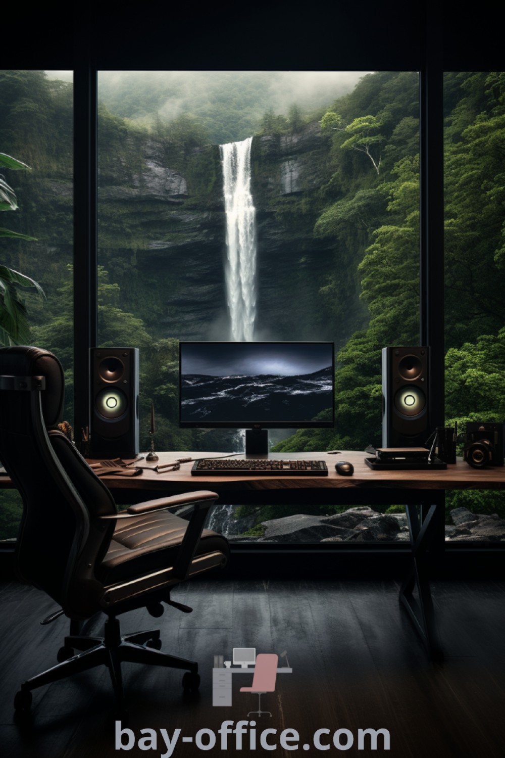 Modern nature-inspired office featuring a sleek desk and monitor with a view of a rainforest and waterfall, ideal for a minimalist workspace. Discover inspiring office room design trends and cozy aesthetics at bay-office.com.