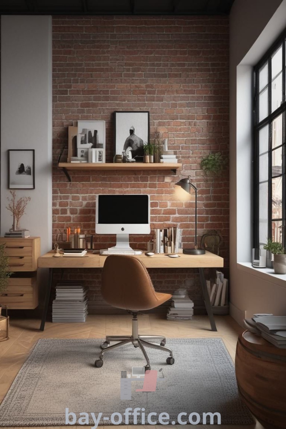 Home office with a brick wall, wooden desk, chair, and bookshelf, showcasing a cozy aesthetic that inspires productivity. Explore design trends and decorating ideas at bay-office.com.