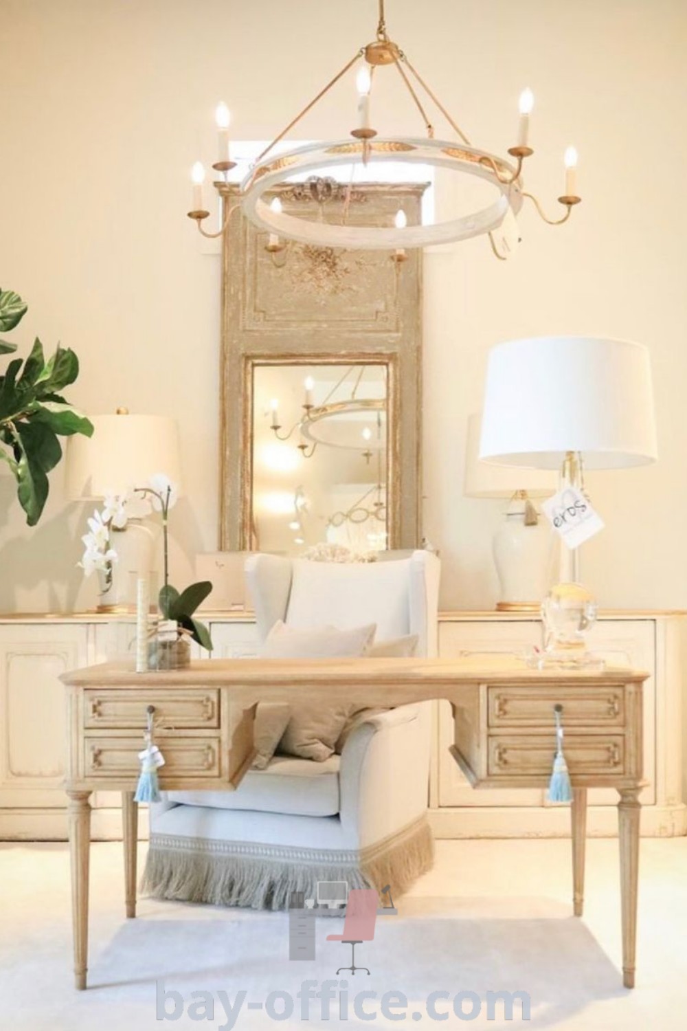 Charming French country office decor with mahogany furniture and chandelier, blending inspiring design trends for a cozy and functional workspace. Perfect for home or apartment setups, find ideas you