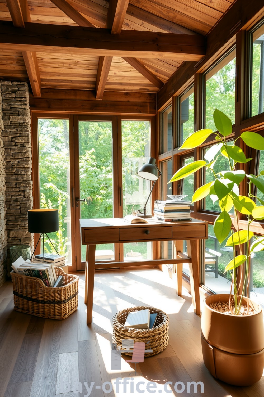 Cozy nature-inspired home office with rustic wooden beams, stone walls, and large windows revealing lush greenery, perfect for inspiring productivity and enhancing creativity. Discover decor ideas for small spaces at bay-office.com.