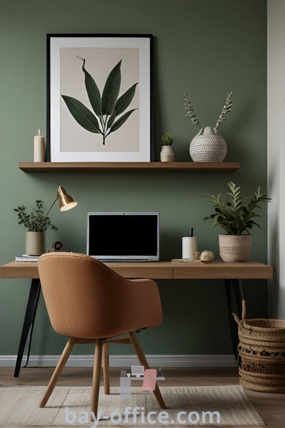 Olive green office decor featuring a desk with a laptop and plants against a green wall, showcasing inspiring ideas for small home office setups. Discover earth tones and cozy aesthetics for your workspace at bay-office.com.
