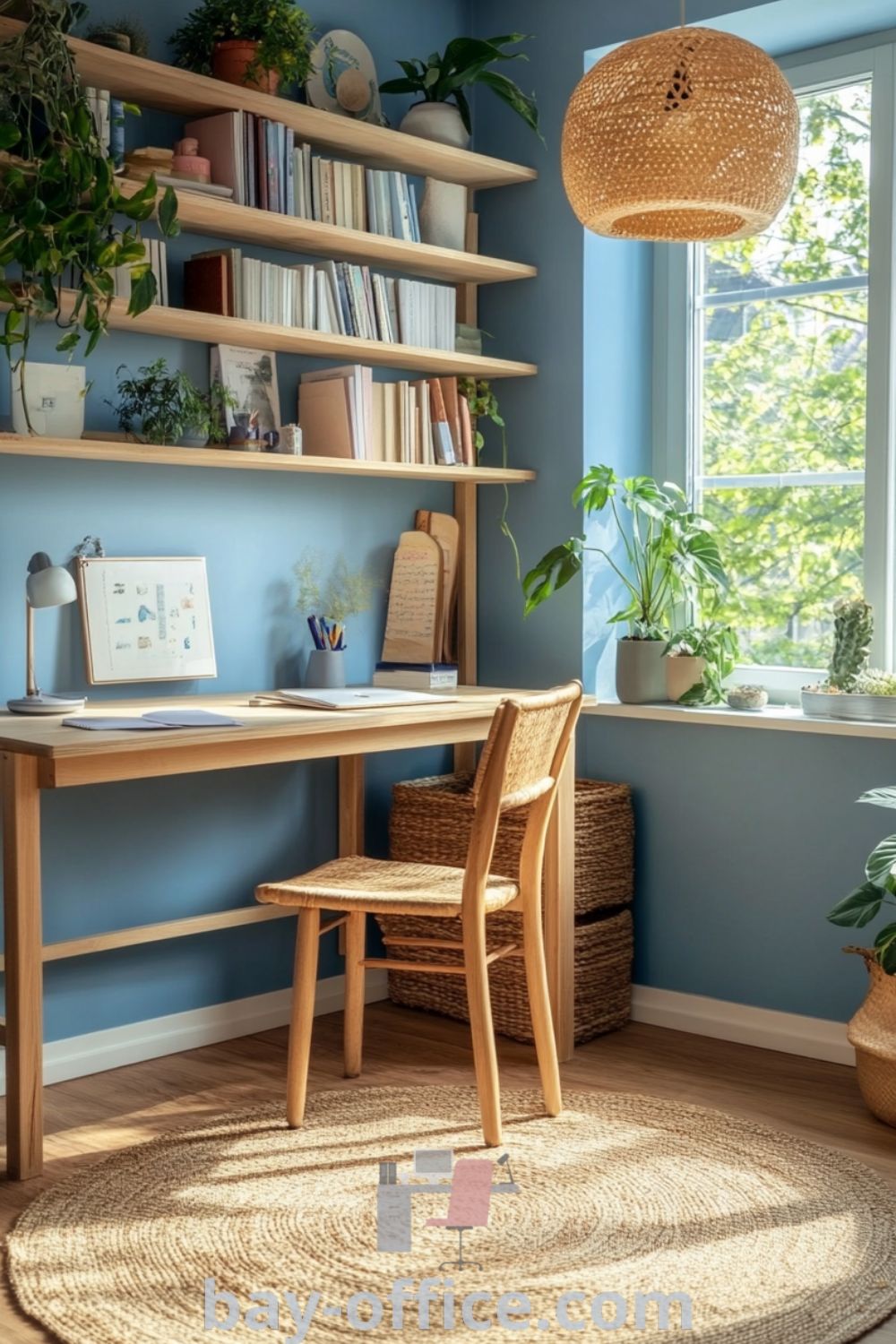 Scandinavian home office featuring muted blue walls, natural wood furniture, and cozy textiles, designed to inspire productivity and comfort for remote work. Aesthetic decor ideas for small spaces to enhance your workspace experience. Discover more at bay-office.com.