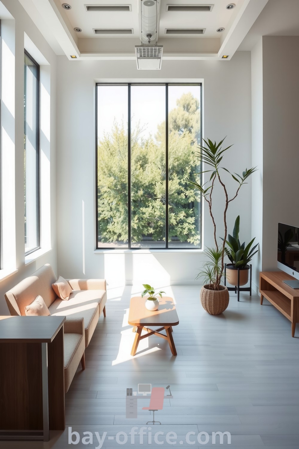 Minimalist corporate office with white walls, wooden furniture, and large windows allowing daylight, enhanced by potted plants for a serene and productive atmosphere. For more design ideas, visit bay-office.com.