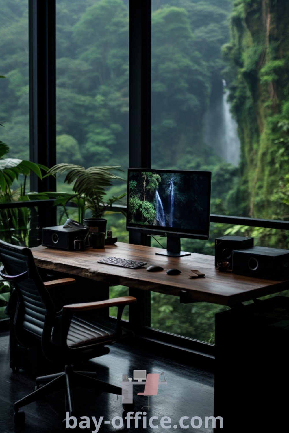 Forest aesthetic office featuring a nature-themed desk setup with wood elements and greenery, creating an inspiring workspace for productivity. Discover decorating ideas for office rooms at bay-office.com.